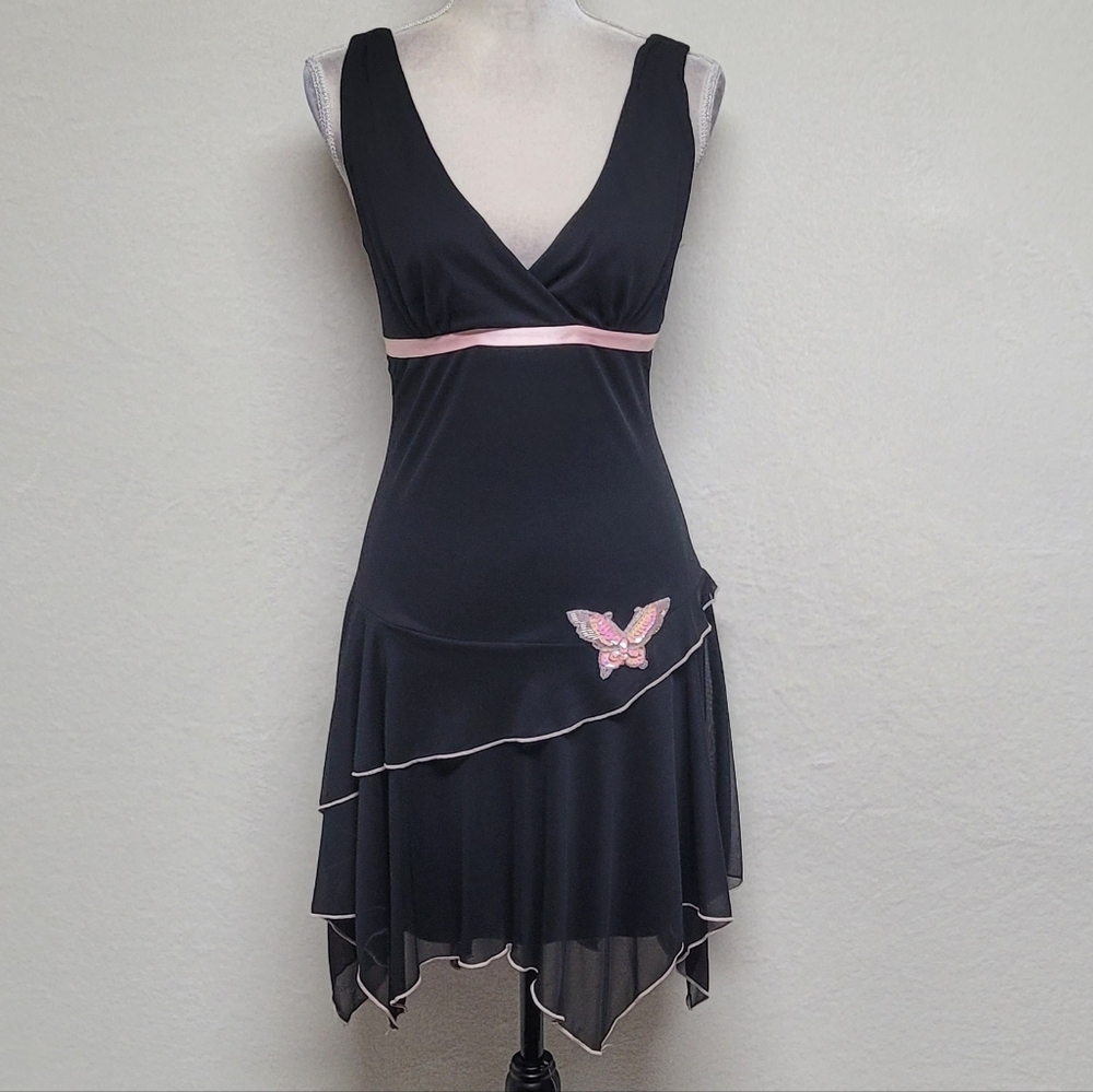 Whimsigoth Vintage 90s Ruby Rox Black Sequin Butterfly Asymmetric Mini Dress L - Picture 2 of 11